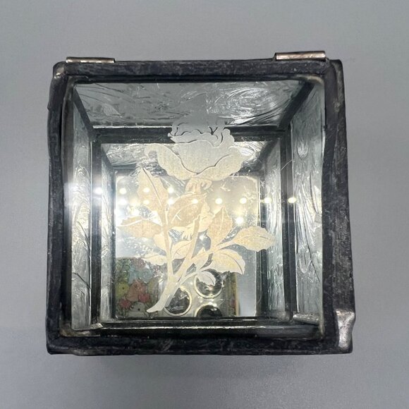 Textured Clear Glass Jewelry Trinket Box Hinged Etched Rose Design 2.5" x 2.5" - Picture 3 of 9